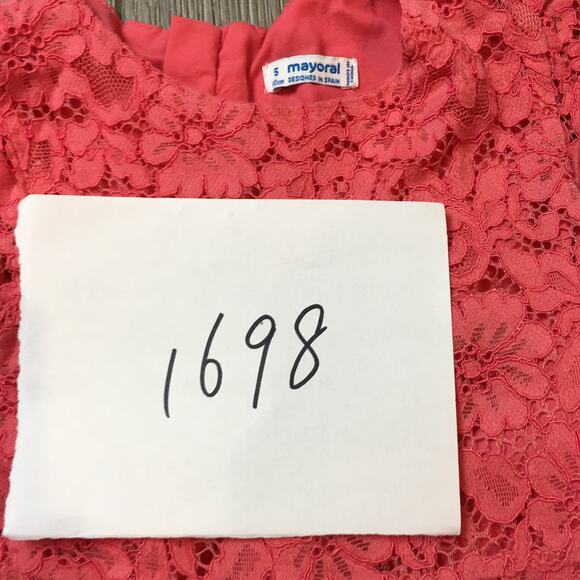 Mayoral Spain Cut Out Lace Coral Flutter Sleeve Toddler Girl Swing Dress 5T - Picture 8 of 8